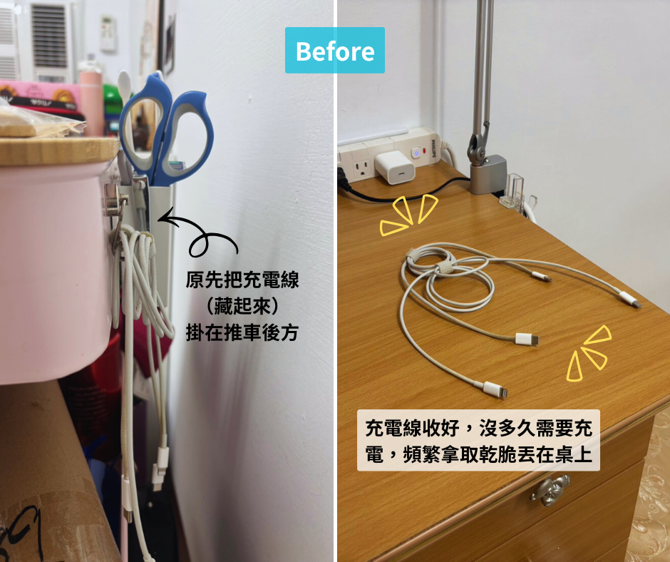 書桌充電線糾結
